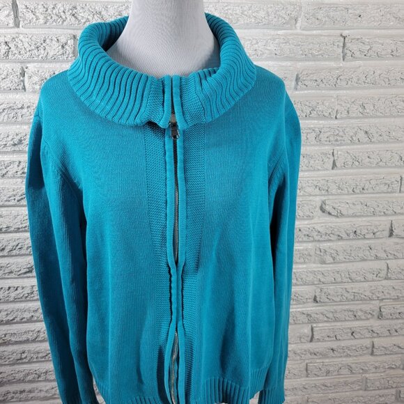 Studio Works Womens Sweater 2X Plus Cardigan Blue Zip Cotton Turtleneck SWE85E - Picture 3 of 9